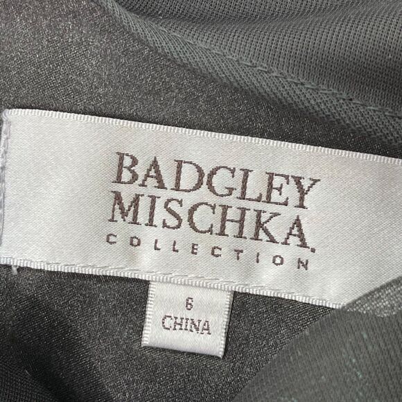 Badgley Mischka Dress 6 Green Black Damask Illusion Neck Sides Sheath Cocktail - Picture 10 of 14